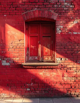 A weathered red brick wall with a closed red wooden window is bathed in sunlight and shadow.
