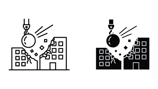 Black and white illustrations of buildings being demolished with wrecking balls