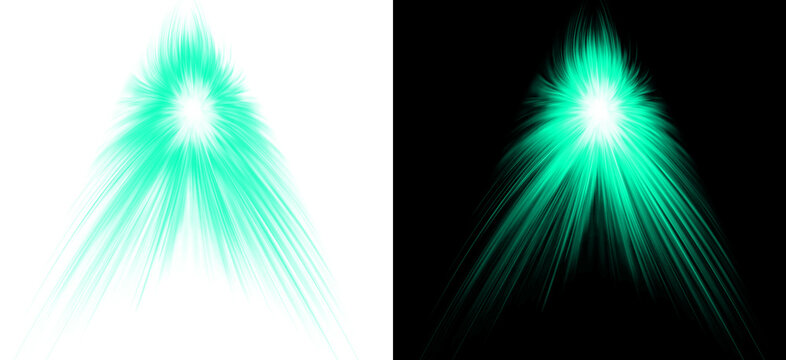 Abstract bright glowing green flare light effect with sharp radiating beams of energy isolated on transparent dark background for design.