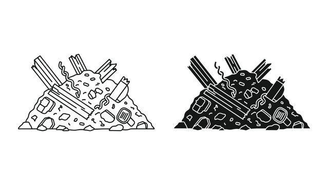 Black and white line art illustration of a pile of trash and garbage on a white background