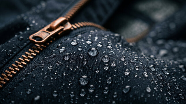 Extreme close up of water beads resting on dark fabric surface of outdoor waterproof jacket with shiny metal zipper pull showing texture of moisture repellent textile material quality.