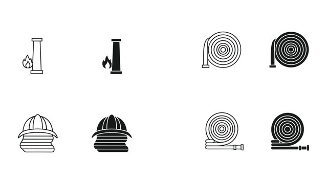 Collection of firefighting icons including helmets, hose, and flames in black and white