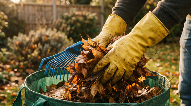 Person wearing heavy yellow rubber work gloves cleaning garden yard by gathering dry autumn leaves with plastic rake and filling large green container bag on sunny day.