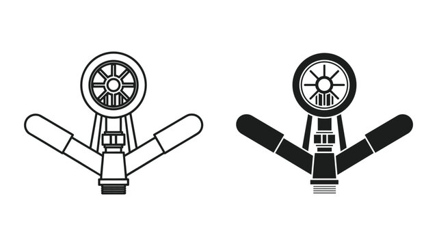 Black and white line art illustrations of a threeway faucet valve with wheel handle on isolated white background