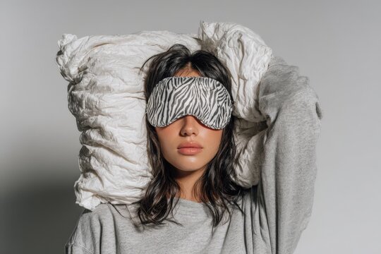 Young woman wearing a zebra-patterned sleep mask rests her head on a large white pillow, dressed in a gray sweatshirt against a neutral background