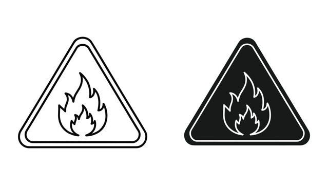 Warning signs of fire and flame in triangle shape isolated on white background
