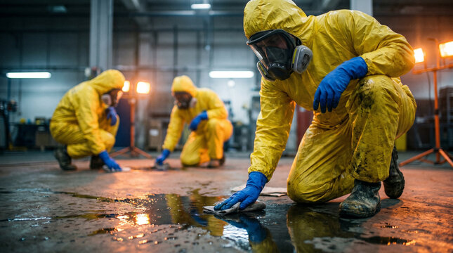 Team of professional workers in yellow protective hazardous material hazmat suits and gas masks cleaning chemical spill from industrial factory floor during emergency response drill.