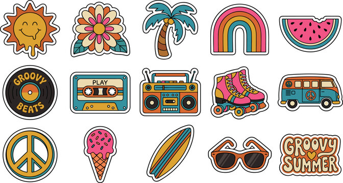 Groovy Summer Retro Sticker Vector Set Featuring Seventies Style Sun Flower Palm Tree Rainbow Vinyl Record Cassette Boombox Roller Skates and Peace Van