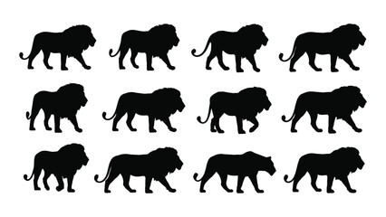 Collection Of Black Lion Silhouettes In Various Poses Against A White Background Silhouette lions feline felines big cat cats predator © SIMPLYXRIAD