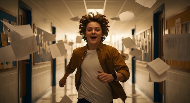 Excited young boy running through school hallway with flying papers