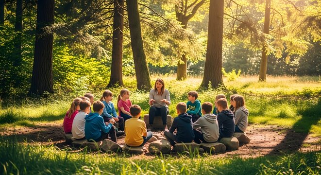 Teacher leading a group of children in an outdoor forest classroom setting