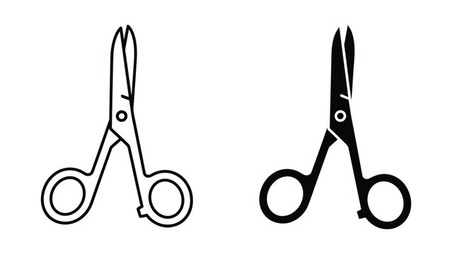 Two black and white scissor icons in line and solid styles isolated on white background