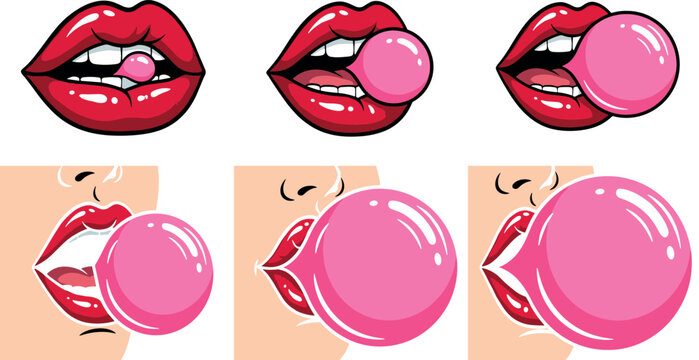 Pop Art Red Lips Blowing Pink Bubble Gum Vector Set Showing Step by Step Sequence of Inflating a Bubblegum Balloon