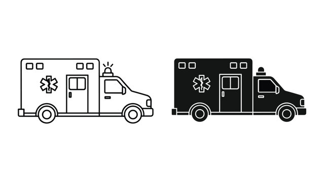 Black and white line icons of two ambulances with medical symbols on the side
