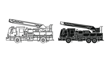 Detailed line drawings of two fire trucks with ladders extended on white background © SHAHRIYAR RASEL