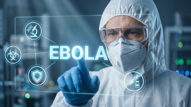 Scientist in biohazard protective suit using digital interface with ebola text and virus icons for research and containment strategy in sterile high security laboratory environment.