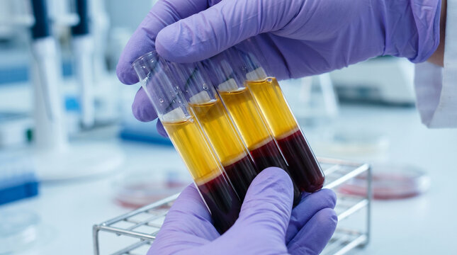 Biomedical researcher holding multiple test tubes containing separated blood components with yellow plasma and red sediment in high tech clinical laboratory for medical diagnosis.