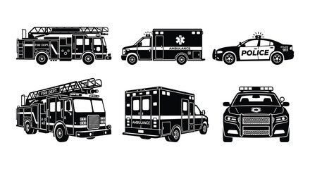 Black Silhouette Of Emergency Vehicles Fire Trucks And Police Cars © Begum