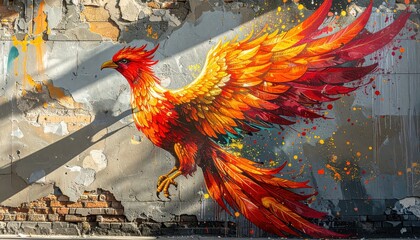 Obraz premium Street artist vividly paints a majestic phoenix mural on a damaged urban building side