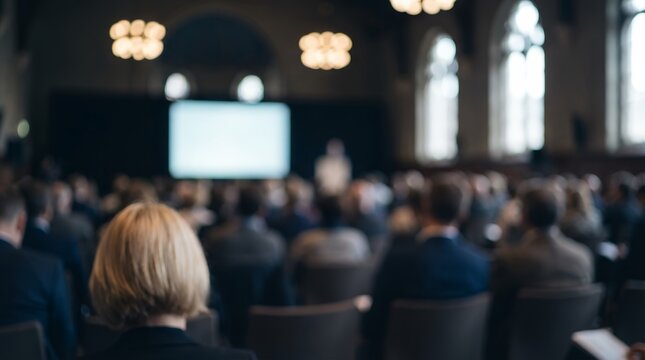 blurred audience members seated in an auditorium facing a projection screen with a speaker on stage during a conference or presentation event meeting lecture people out focus
