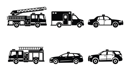 Black Silhouette Of Emergency Vehicles Fire Trucks And Police Cars © Begum