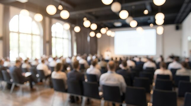 Audience seated in a conference hall watching a presentation on a large screen with ambient lighting and tall arched windows letting in natural light meeting people lecture