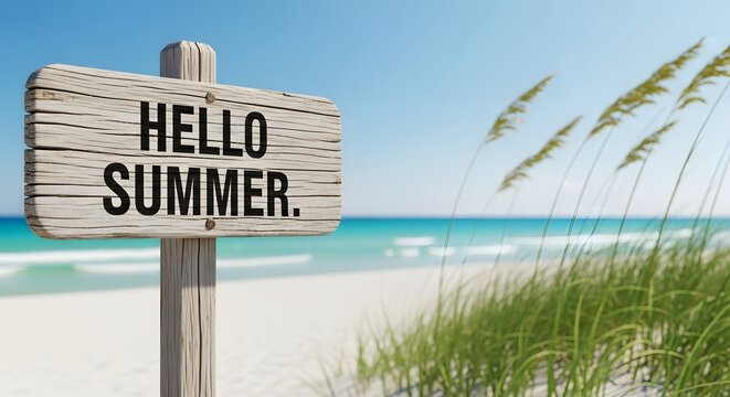 Wooden sign with hello summer text on a sunny beach background