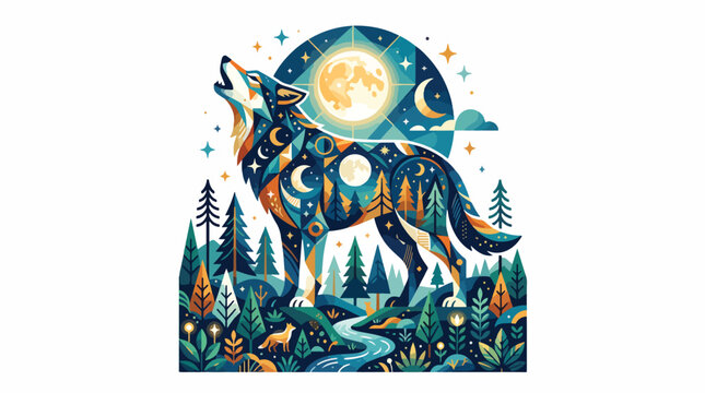 Colorful wolf howls at moonlight forest.