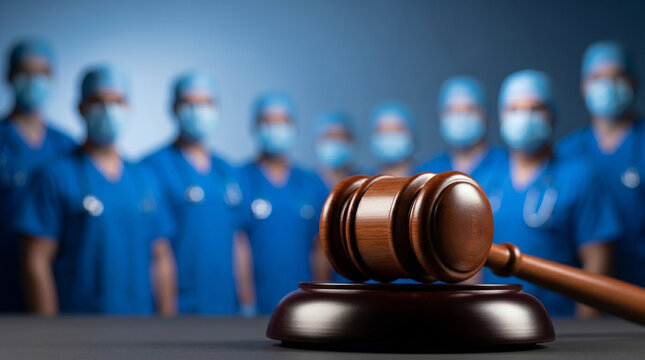 Gavel positioned in front of out of focus group of surgeons in operating room scrubs representing medical ethics legal accountability and courtroom challenges for hospital staff.