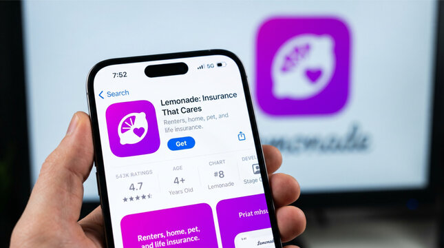 Hand holding iPhone displaying Lemonade Insurance mobile application on App Store screen with blurred logo on computer monitor background fintech
