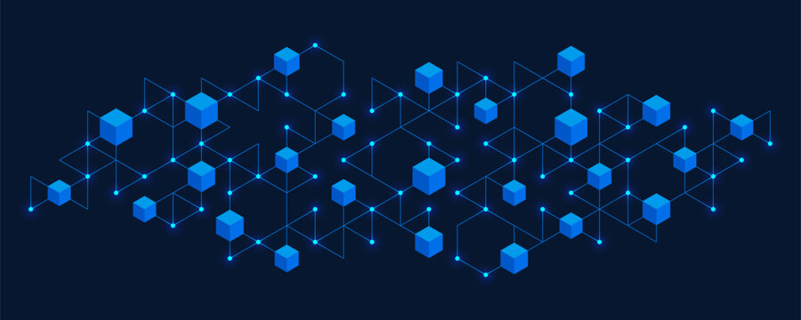 Blue hexagon network with cubes science and technology concept