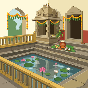 Indian Temple Pool with Lotus Flowers.