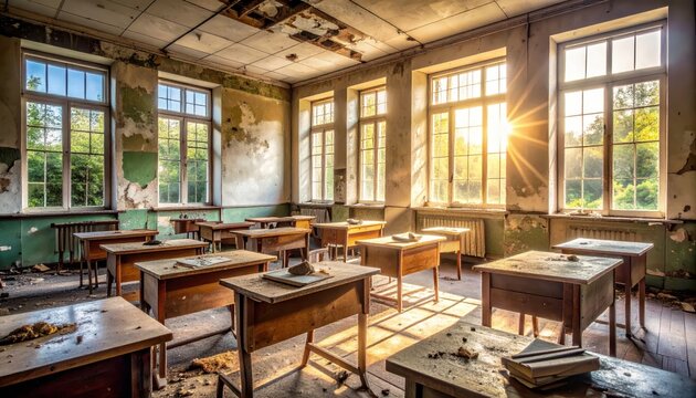 Sunlight streams into an abandoned, dusty classroom filled with old, empty wooden desks, evoking a sense of forgotten education and the passage of time.