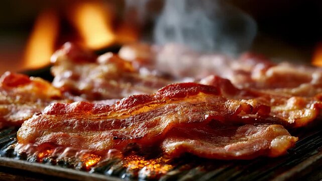Crispy bacon sizzling on grill.