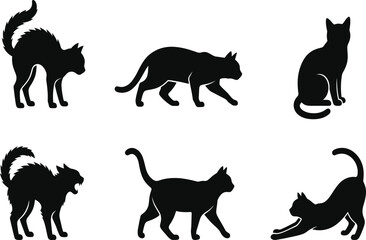 Black cat silhouettes in different poses © Anas