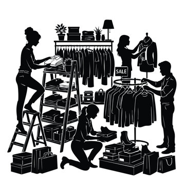 Retail workers restocking shelves and organizing clothes in a clothing store.