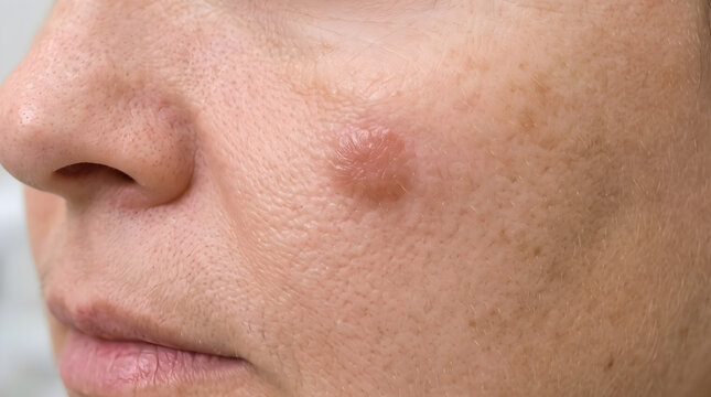 Close Up of Granuloma Faciale Reddish Brown Skin Plaque on Woman's Cheek