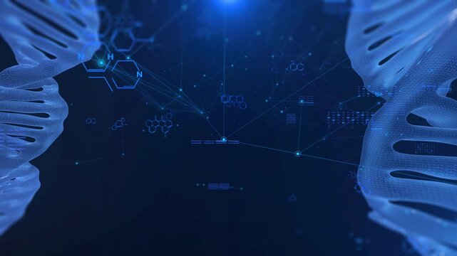 Illuminated Blue DNA Strand against Dark Background. Glossy Double Helix Structure Motion Video with Abstract Shining Geometry Lights. 4K Digital Technology Medical Design Concept Presentation Footage