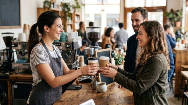 Smiling barista serving coffee to happy customers in a cozy caf&eacute;