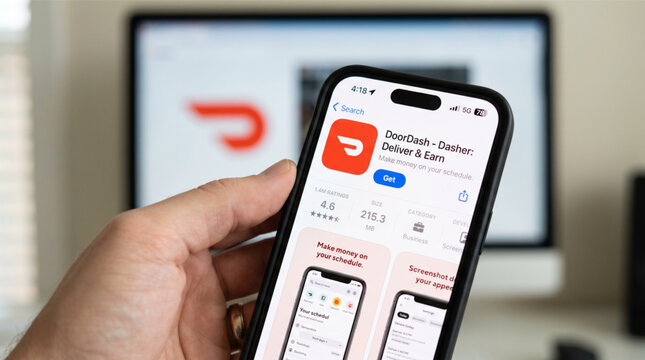 Hand holding smartphone displaying DoorDash Dasher app for delivery drivers in front of laptop screen logo for gig economy and food courier service.