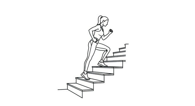 Woman Running Up Staircase with Dumbbell.
