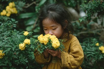 Fototapeta premium Young girl with dark hair wearing a yellow dress holds a bouquet of yellow flowers, surrounded by lush green foliage in a vibrant garden setting