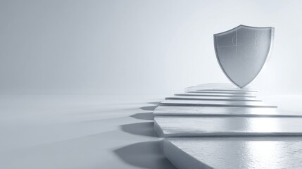 Obraz premium A metallic shield resting on a series of illuminated steps, representing security and protection