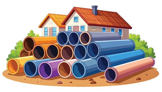 Colorful plastic pipes stacked outside house.