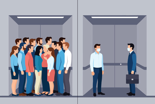 Comparison illustration showing a crowded elevator versus a socially distanced elevator where two people wear masks for safety and health.