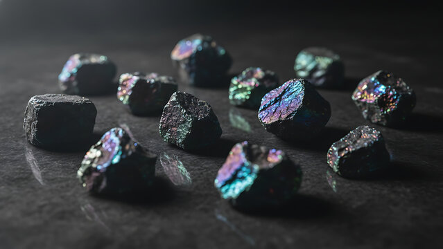 Shimmering iridescent black mineral stones featuring sharp crystalline edges and vivid purple and blue reflections arranged on a dark reflective surface against a moody backdrop.