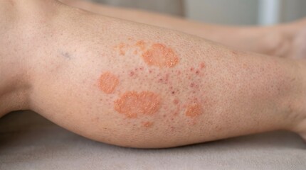 Fototapeta premium Close Up of Pityriasis Rubra Pilaris and Reddish Orange Scaling Patches on Leg