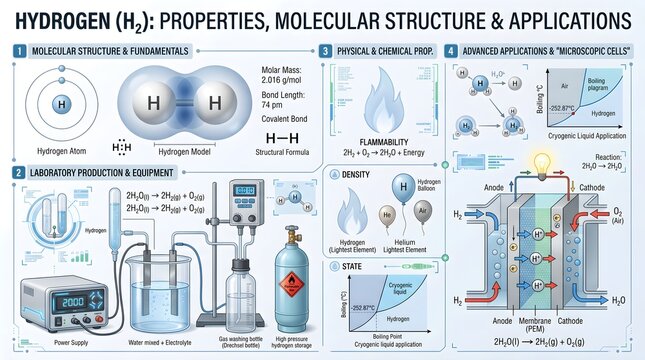Hydrogen (H₂) properties, molecular structure and applications infographic featuring bond characteristics, thermodynamic data, electrolysis apparatus, compressed cylinders, flammability, balloon lift,