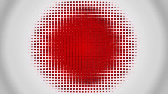 Abstract red halftone circle pattern on white background with subtle concentric rings