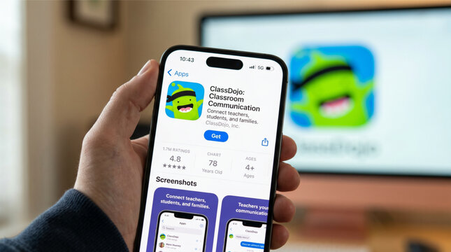 Person Holding iPhone Device with ClassDojo Classroom Communication App on Screen in App Store for Education School Teaching and Parent Mobile Softwar
